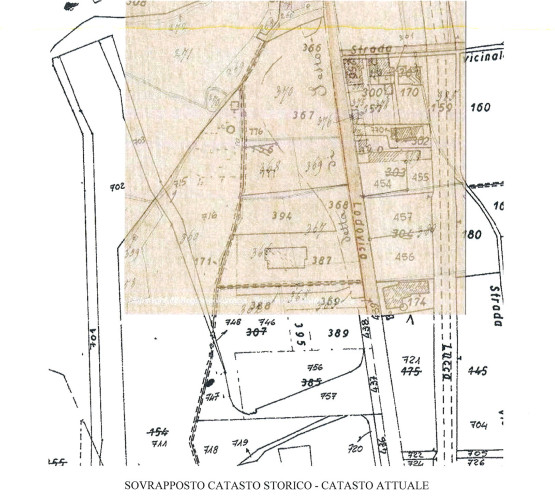 Sovrapposizione tra catasto storico e catasto attuale per strada poderale