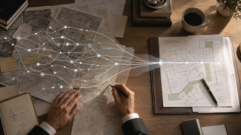 Simulazione strategica di un caso edilizio complesso con mappe, documenti tecnici e percorsi di analisi