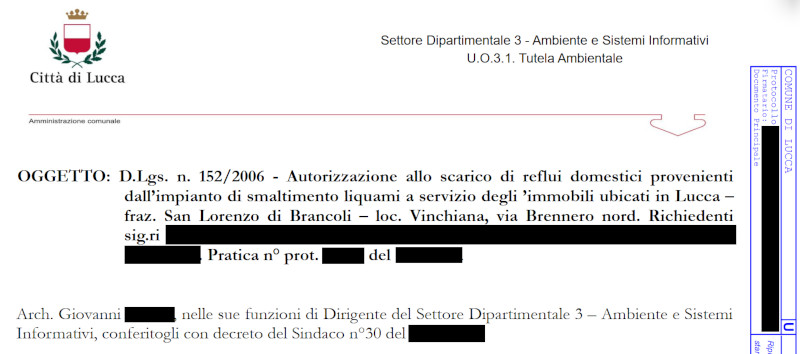Autorizzazione allo scarico fuori fognatura per abitazioni a Vinchiana nel Comune di Lucca