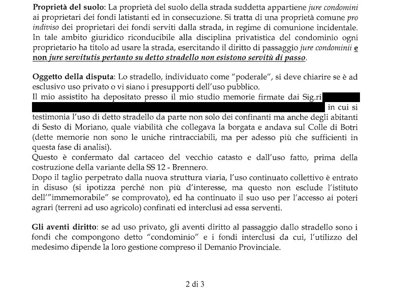 Relazione tecnica su diritto di passaggio e strada poderale a Lucca