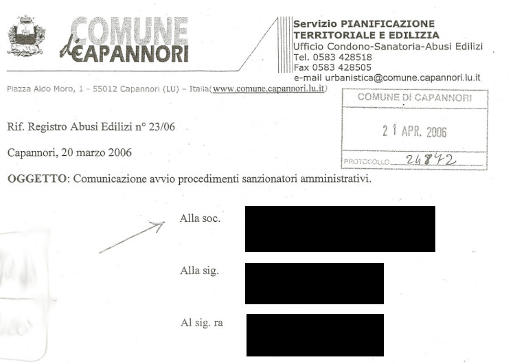 Procedimento sanzionatorio relativo a opere abusive in un capannone a Capannori