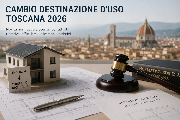Illustrazione editoriale sul cambio di destinazione d’uso in Toscana nel 2026, con modello di edificio residenziale trasformato in turistico-ricettivo, martello giudiziario, elaborati tecnici e skyline di Firenze sullo sfondo.
