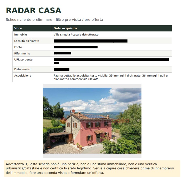Estratto scheda Radar Casa anonimizzata con dati acquisiti