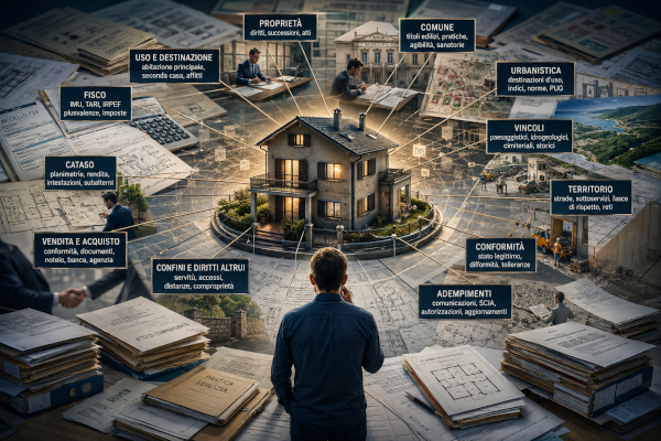 Casa come bene immobile dentro una rete di proprietà, Catasto, Comune, fisco, vincoli, conformità e documenti tecnici
