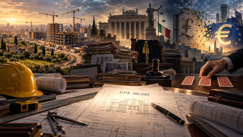 Illustrazione della storia del D.P.R. 380/2001: cantieri edilizi, giustizia, passaggio dalla Lira all'Euro e gioco delle tre carte, simbolo dello spostamento delle responsabilità.