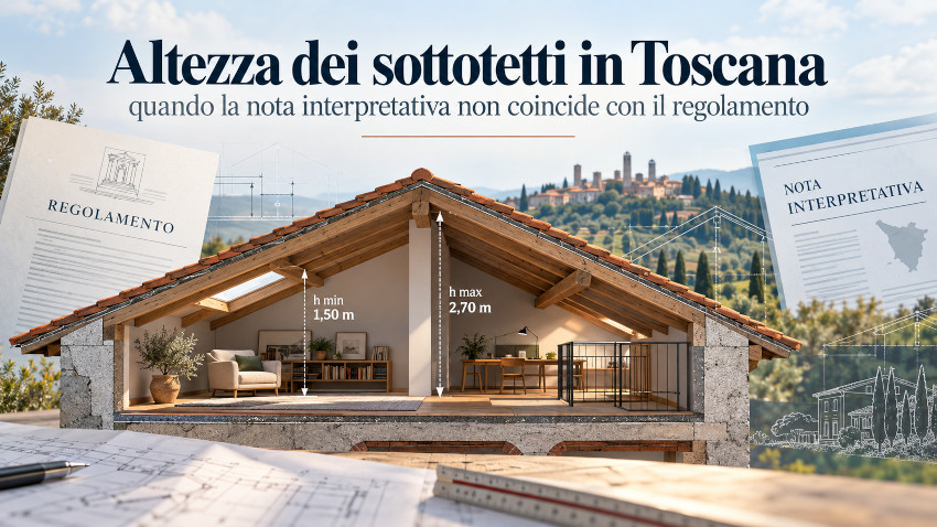 Sottotetto a due falde con misure di altezza interna, affiancato da un regolamento e da una nota interpretativa sul calcolo dei sottotetti in Toscana.
