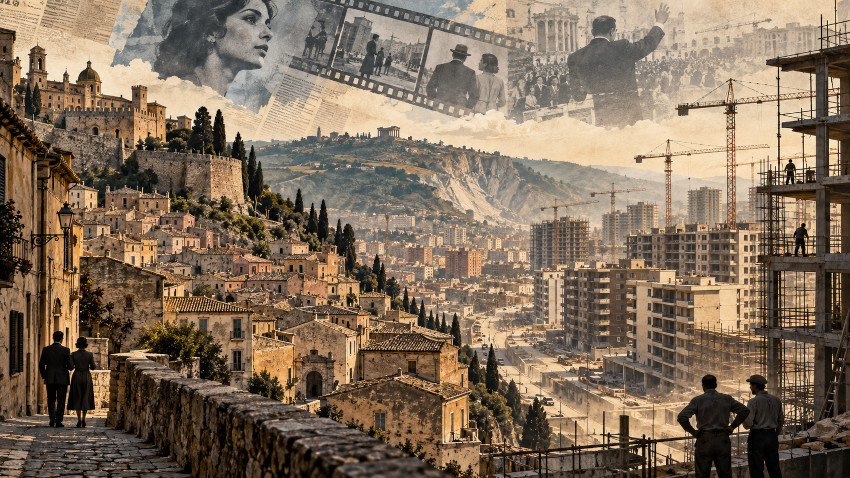 Illustrazione del contrasto tra città storica italiana e nuovi quartieri in cemento armato durante il boom edilizio del dopoguerra